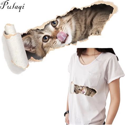Pulaqi 3d Funny Cat Heat Transfers T Shirt Diy Decoration A Level