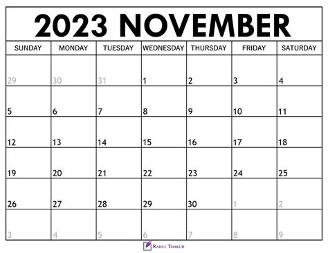 Printable November 2023 Calendar Template Thakur Writes