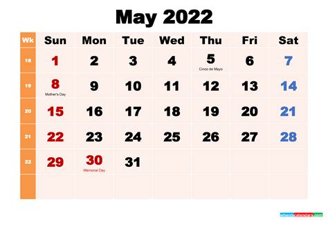 May 2022 Printable Calendar With Holidays Word Pdf