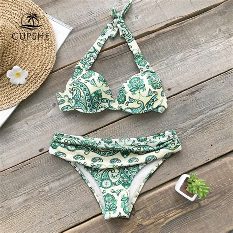 Aliexpress Com Buy Cupshe Sexy Green Paisley Push Up Halter Bikini