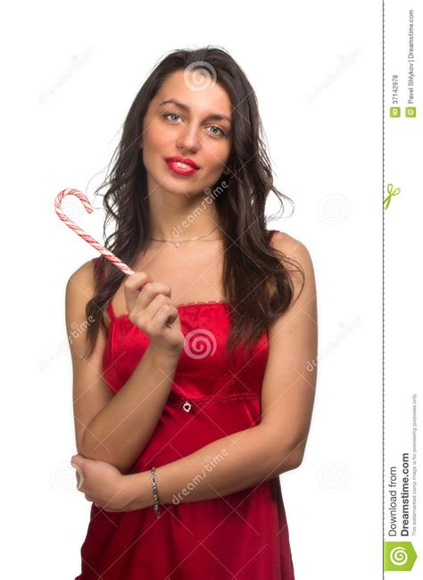 Girl Lick White Red Candy In The Form Of Heart With Beautiful Ma Stock