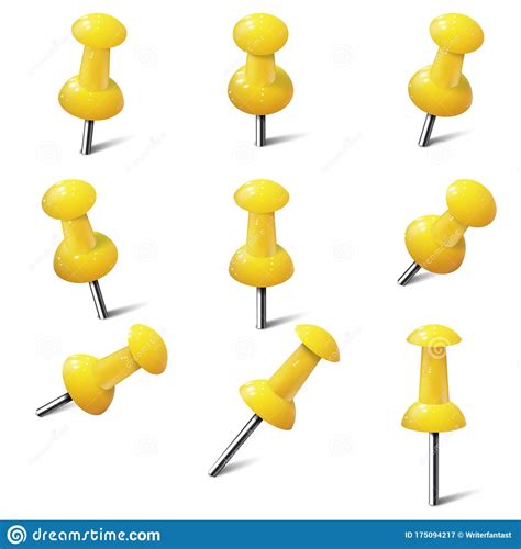 Set Of Realistic Push Pins In Yellow Color Thumbtacks Stock Vector