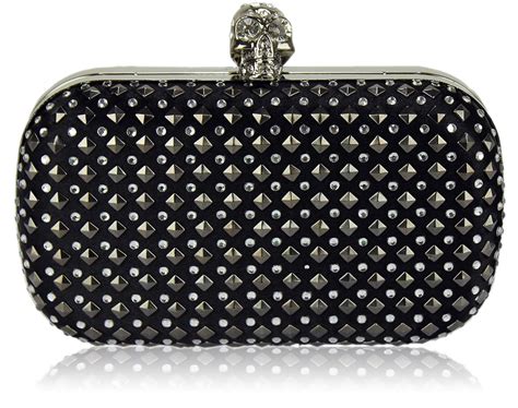 Wholesale Black Stud Clutch Bag With Crystal Encrusted Skull Clasp