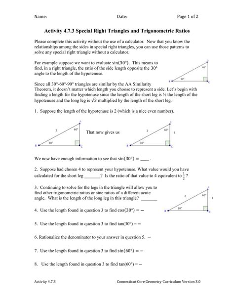 Every right triangle contains two angles. Activity 4.7.3 Special Right Triangles and Trigonometric Ratios