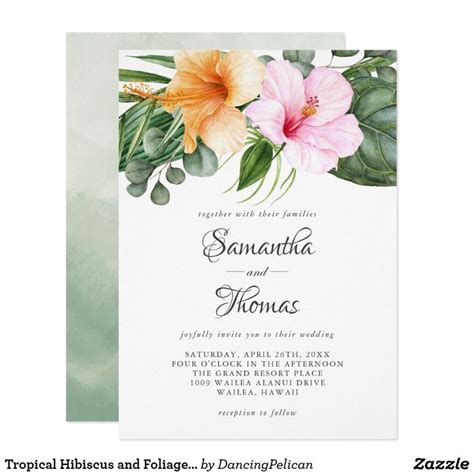 Tropical Hibiscus And Foliage Watercolor Floral Invitation