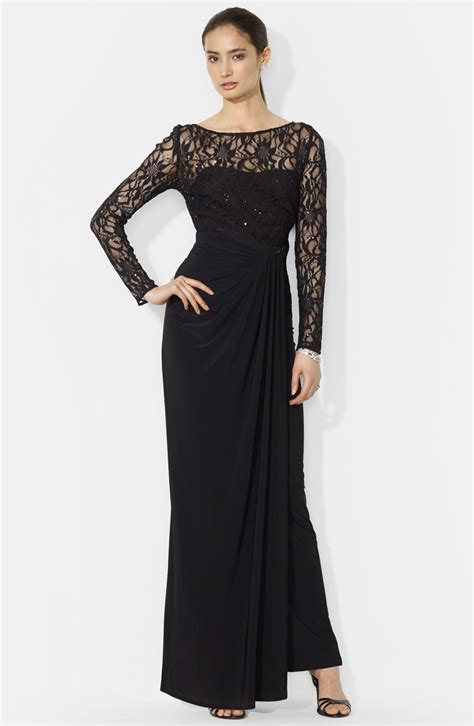 Lauren Ralph Lauren Long Sleeve Sequin Lace Bodice Gown | Nordstrom
