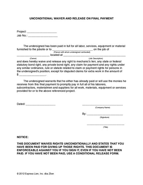 Printable Unconditional Lien Waiver Template Free Printable Templates