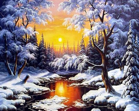 Winter Scenery River Sun Snow Trees 5d Diy Full Diamond Embroidery