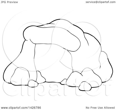 Clipart Of A Cartoon Black And White Lineart Cave Royalty Free Vector