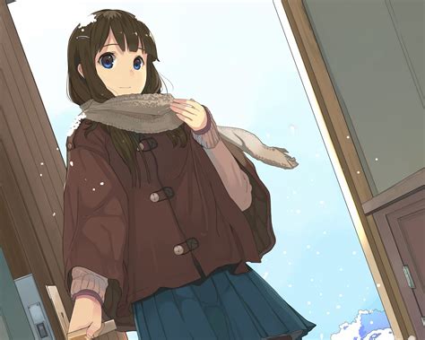 Wallpaper Winter Coat Anime Girl Snow Scarf Brown Hair