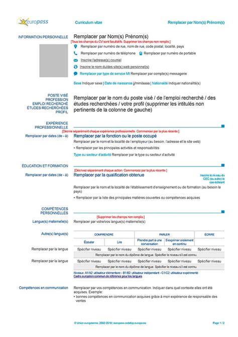 Modello fornito dalla commissione europe. Curriculum Vitae in Francese da Compilare | CV Europass
