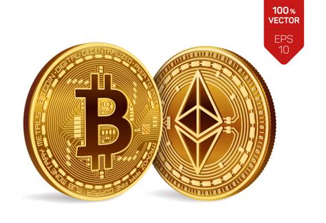 Official account of the ethereum foundation. Cryptocurrency golden coins with bitcoin and ethereum symbol isolated on white background ...
