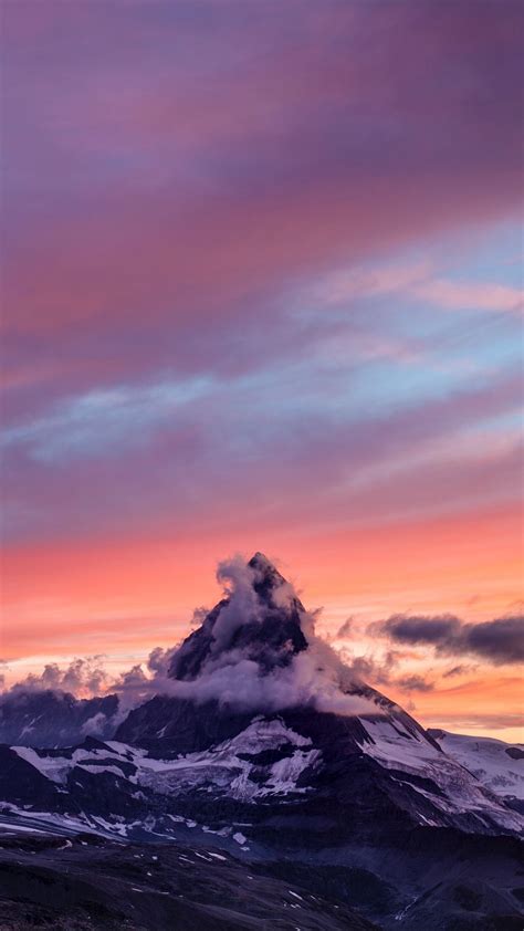 Download Wallpaper 938x1668 Mountain Peak Snowy Clouds Sunset