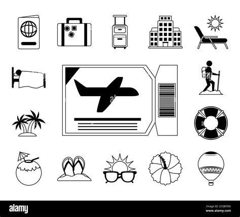 Summer Vacation Travel Passport Suitcase Hotel Palm Camera Icons Line