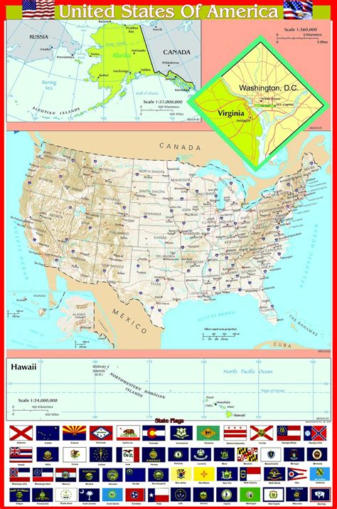 USA America Map A2 Size Laminated Learning Educational Poster Wall