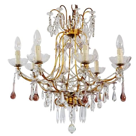 Vintage Brass And Crystal Chandelier With Murano Light Blue Glass Tear