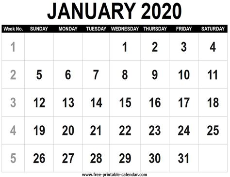 Calendar Week January 2020 Month Calendar Printable