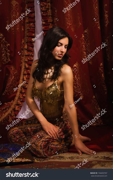 Beautiful Belly Dancer Arabic Harem Interior Stock Photo