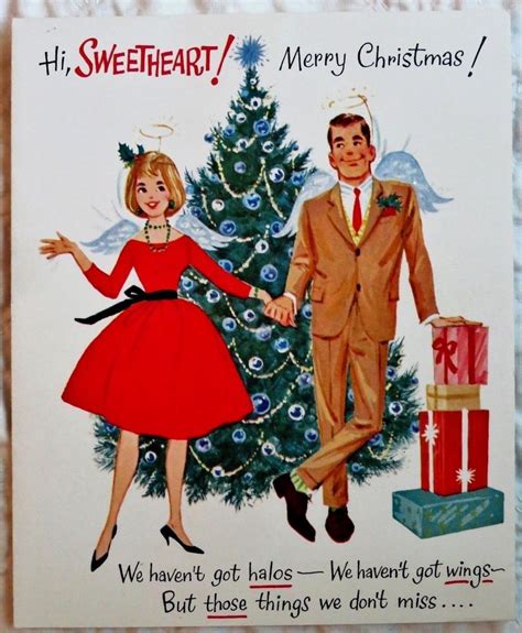 Vintage Christmas Card Mcm Couple Lady Dress Man Suit Glitter Tree Kissing Ebay Vintage