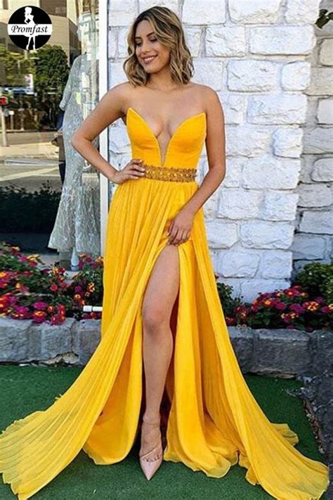 Strapless Long Yellow Prom Dress With Beading Split Evening Gown Pfp0706 In 2020 V Neck Prom
