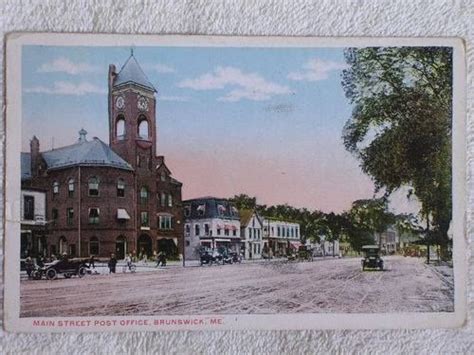 Vintage Brunswick Maine Street Old Town Hall With Clock Tower Maine