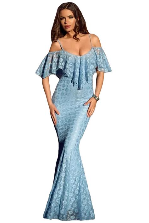 Spaghetti Straps Ruffled Off Shoulder Light Blue Mermaid Dress Sexy