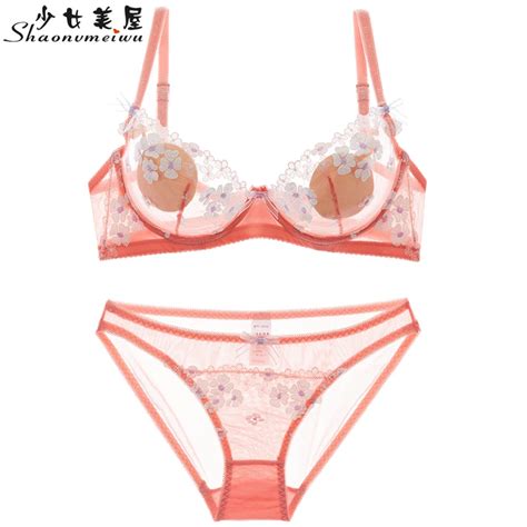 Shaonvmeiwu Women Sexy Bra Embroidery Lace Underwear Suits Ultra Thin Breathable On The