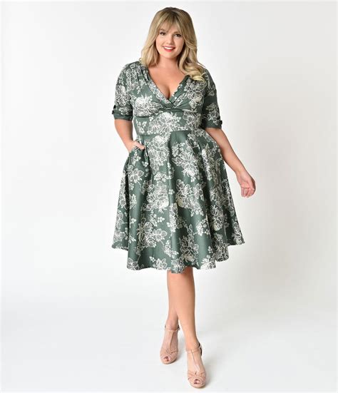 unique vintage plus size 1950s sage green floral delores swing dress with sleev… green dress
