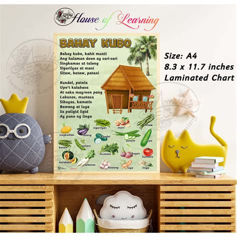 Bahay Kubo Laminated Educational Wall Chart Poster Tagalog Reading