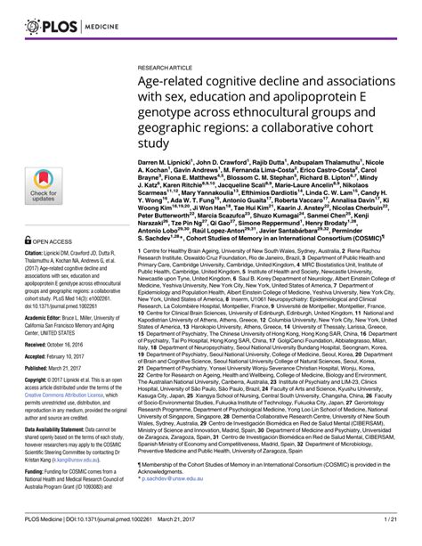Pdf Age Related Cognitive Decline And Associations With Sex Education And Apolipoprotein E