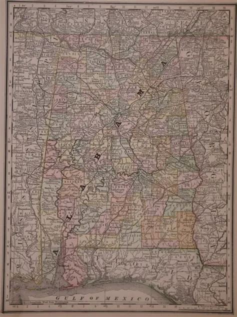 Old 1889 Rand Mcnally Atlas Map ~ State Of Alabama ~ Free Sandh 1600