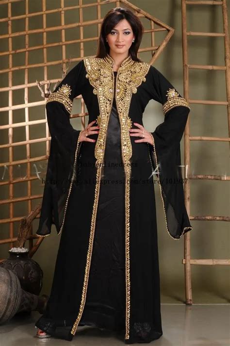 elegant long sleeves floor length beads black gold dubai women abaya