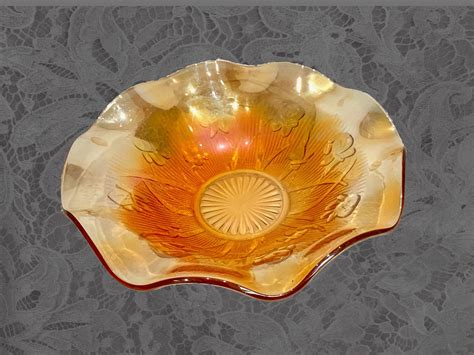 Vintage Antique Amber Ruffled Carnival Glasss Bowl With Etched Etsy