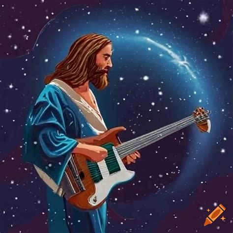 Artistic Representation Of Jesus Christ Playing Bass Guitar In Space On
