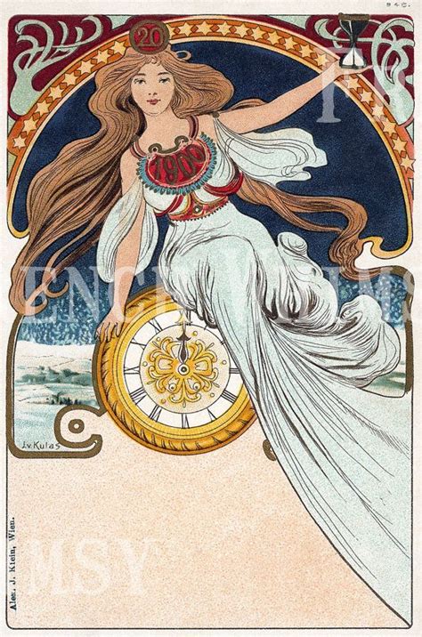 Antique Art Nouveau French Vintage New Year Postcard With Clock 1900