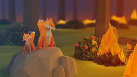 Anime Paper Poly Fire Minimalism Nature Fox Rock Low Poly