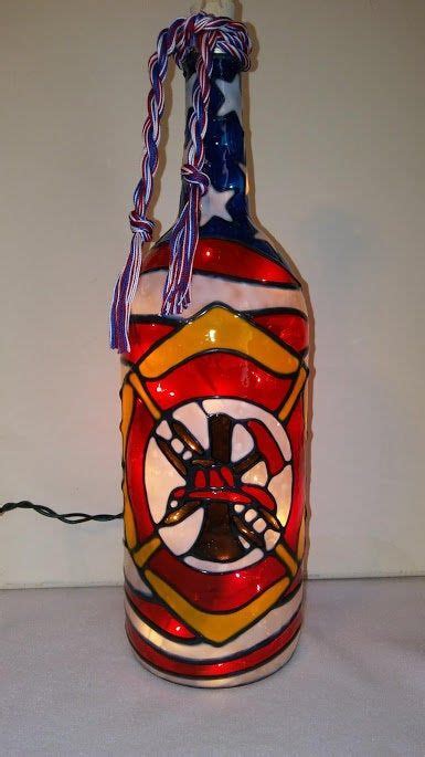 Fire Fighter Inspired Bottle Lamp Stained Glass Look Handpainted