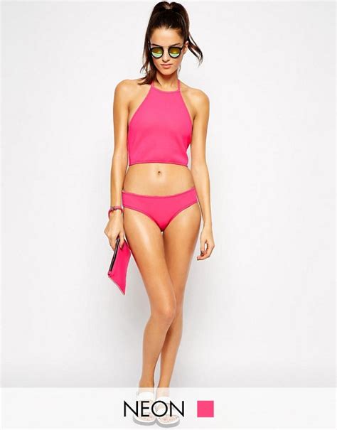 Asos Neoprene Halter Crop Bikini In Pink