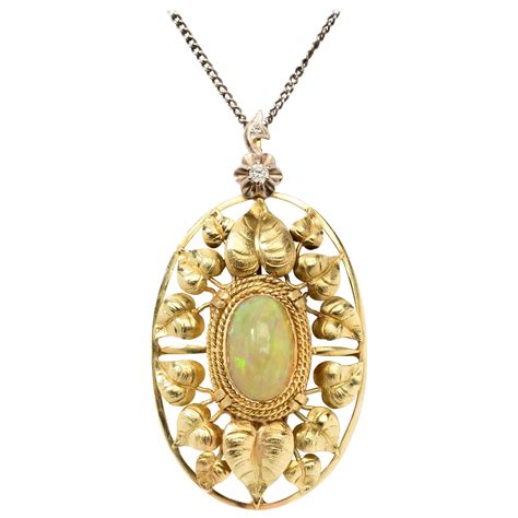 John Zerano Art Nouveau Opal Pendant With 14 K Yellow Gold Chain For