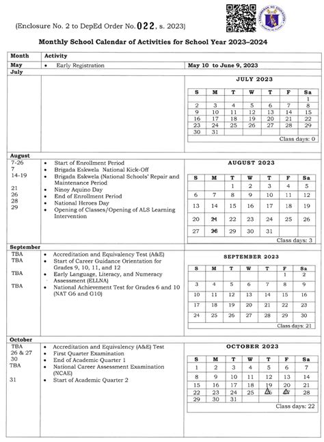 School Calendar Of Activities For School Year Sy 2023 2024