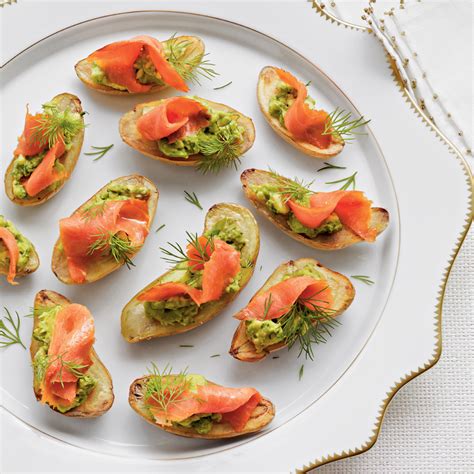 Learn about which appetizer preparations qualify as crowd pleasers and are ridiculously easy. Fingerling Potatoes with Avocado & Smoked Salmon Recipe | MyRecipes
