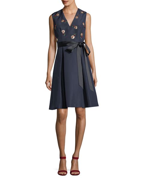 Carolina Herrera Cherry Embroidered V Neck Fit And Flare Cocktail Dress Neiman Marcus