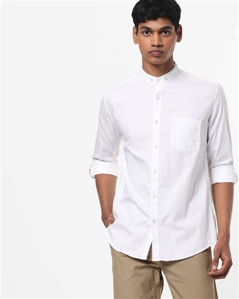 Regular Fit White Shirt With Mandarin Collar Ubicaciondepersonascdmx