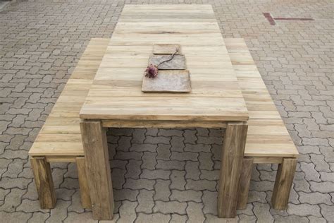 Bistro & pub style dining table sets. Solid wood reclaimed teak outdoor dining set with benches ...