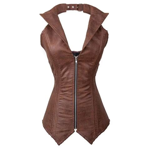 Brown Leather Halter Tops Collared Overbust Steel Boned Corsets Plus Size Corset Steampunk