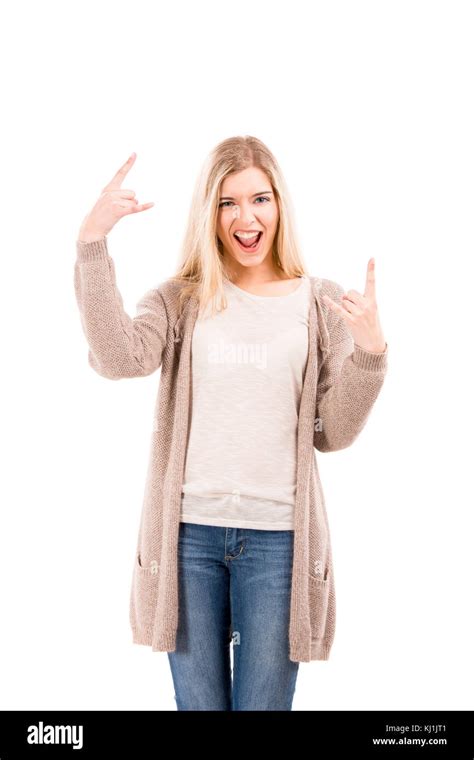 beautiful blonde woman with a silly face and making gestures with her hands isolated over white