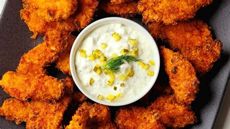 Barbecue Potato Chip Crusted Chicken Fingers With Dill Pickle Dipping