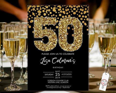 Diy 50th Birthday Confetti Invitation Printable Template Black Gold