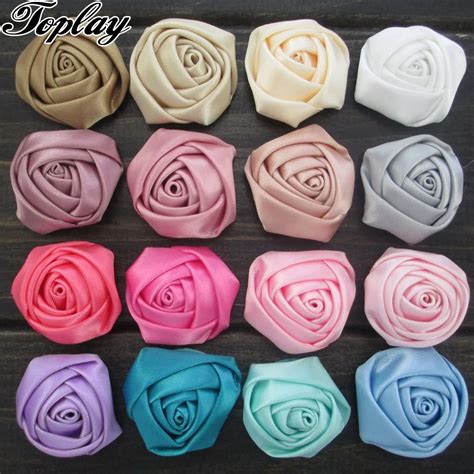 toplay 100pcs lot 1 3 rolled rosettes flowers satin ribbon rose flower for girls hair ornament