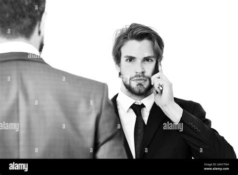 Bearded Businessman In Black Suit And Man Talking On Phone Isolated On White Background Boss